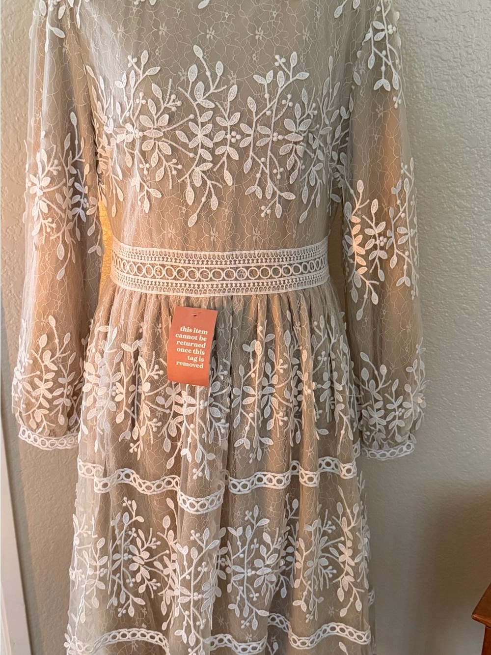 Ivy City Co Lace Overlay Tea-Length Dress in Ivory and Nude - Picture 2 of 7